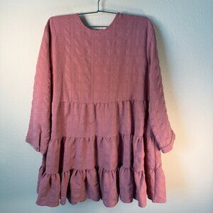 This & That Women’s Babydoll Pink Large Tiered 3/4 Sleeve Keyhole Minidress